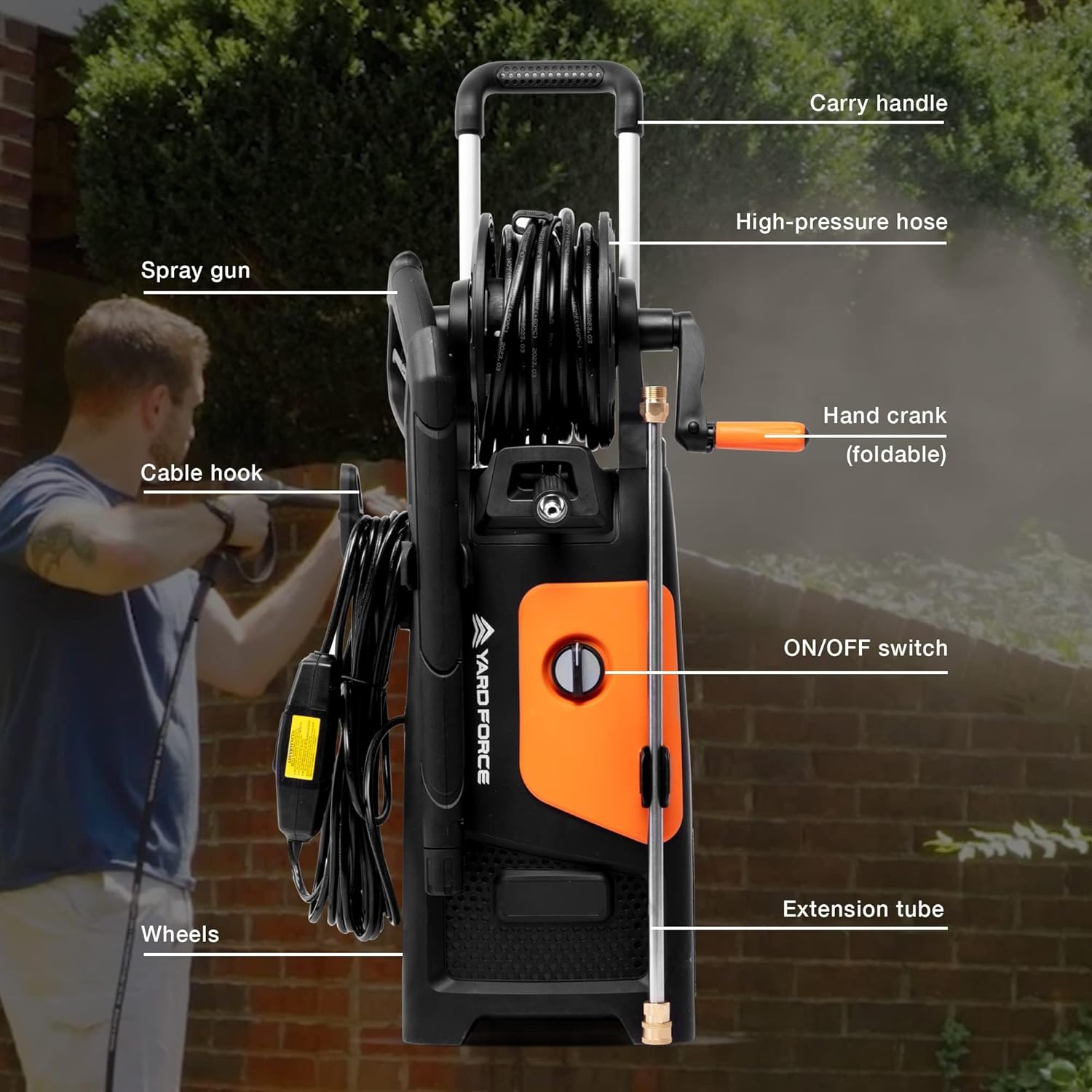 Yard Force Pressure Washer Electric Powered EW U20 - 2000 PSI 2.3 GPM Power Washer with Hose Reel, Portable Washer with 4 Quick Connect Nozzles & 25 FT Hose for Cars, Fences, Patios image 1